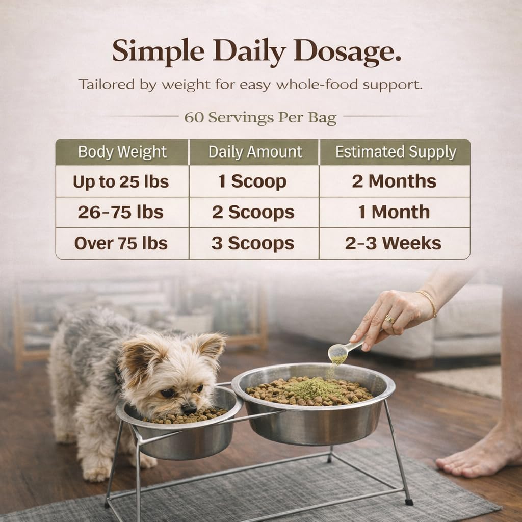 Natural Dog Company Super Greens label highlights no fillers and eco packaging