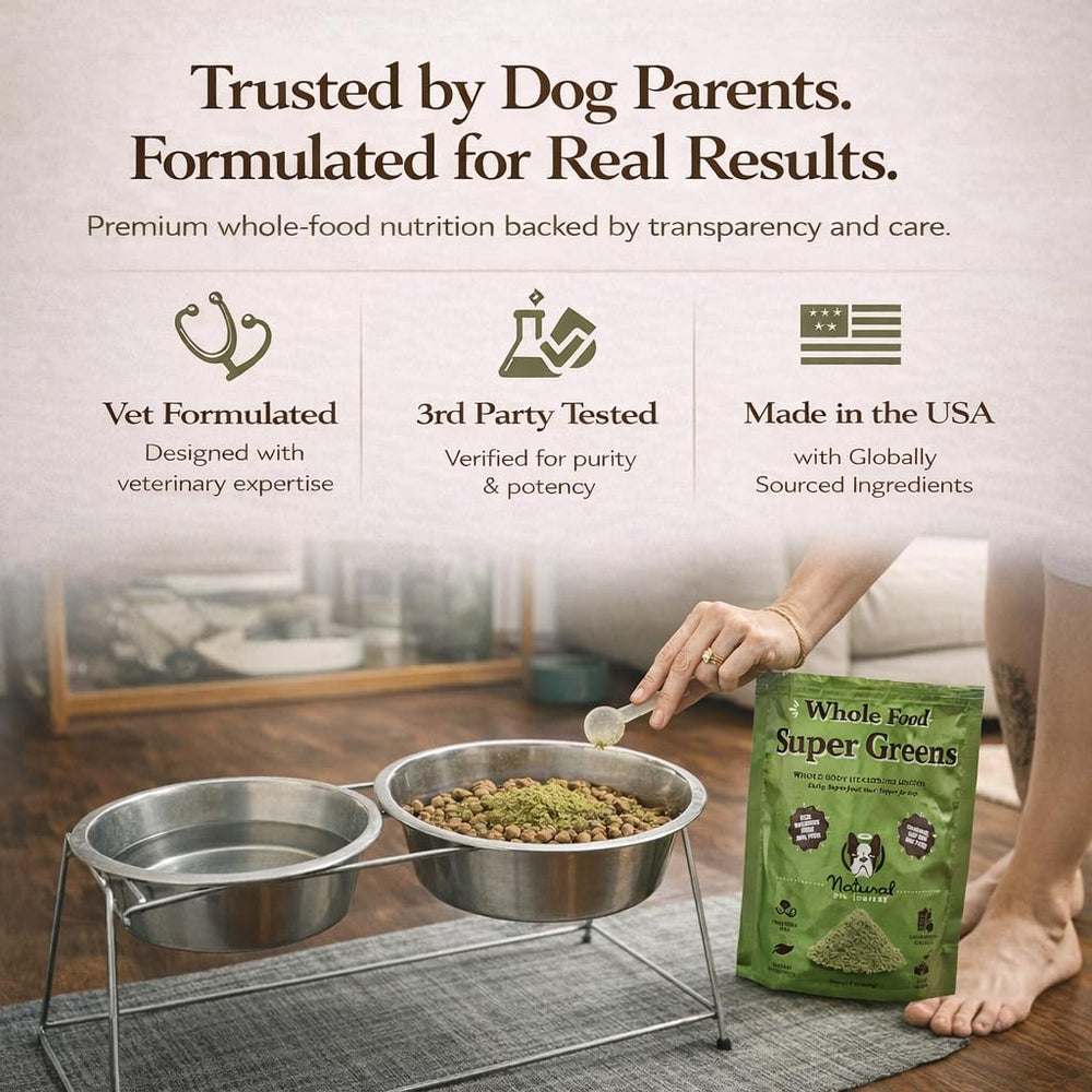 Natural Dog Company Super Greens serving guide helps owners measure by weight