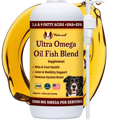 Natural Dog Company Ultra Omega Oil bottle promotes healthy skin and coat.