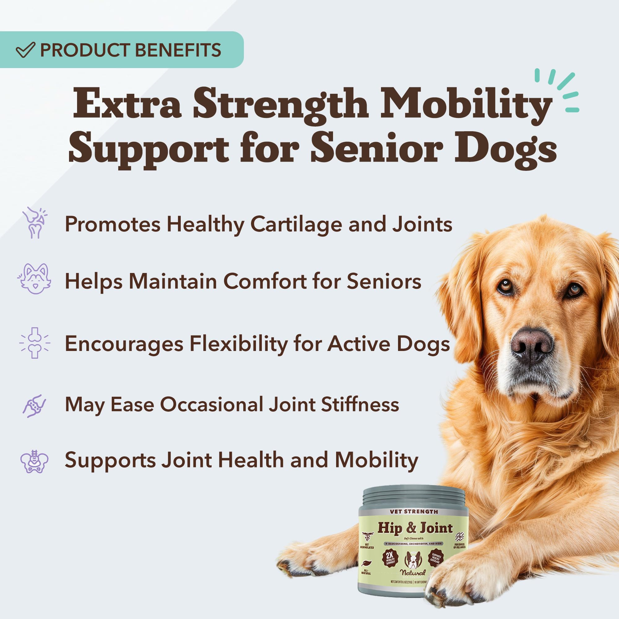 Natural Dog Company Vet Strength Hip & Joint Chews packaging with label and dosage information