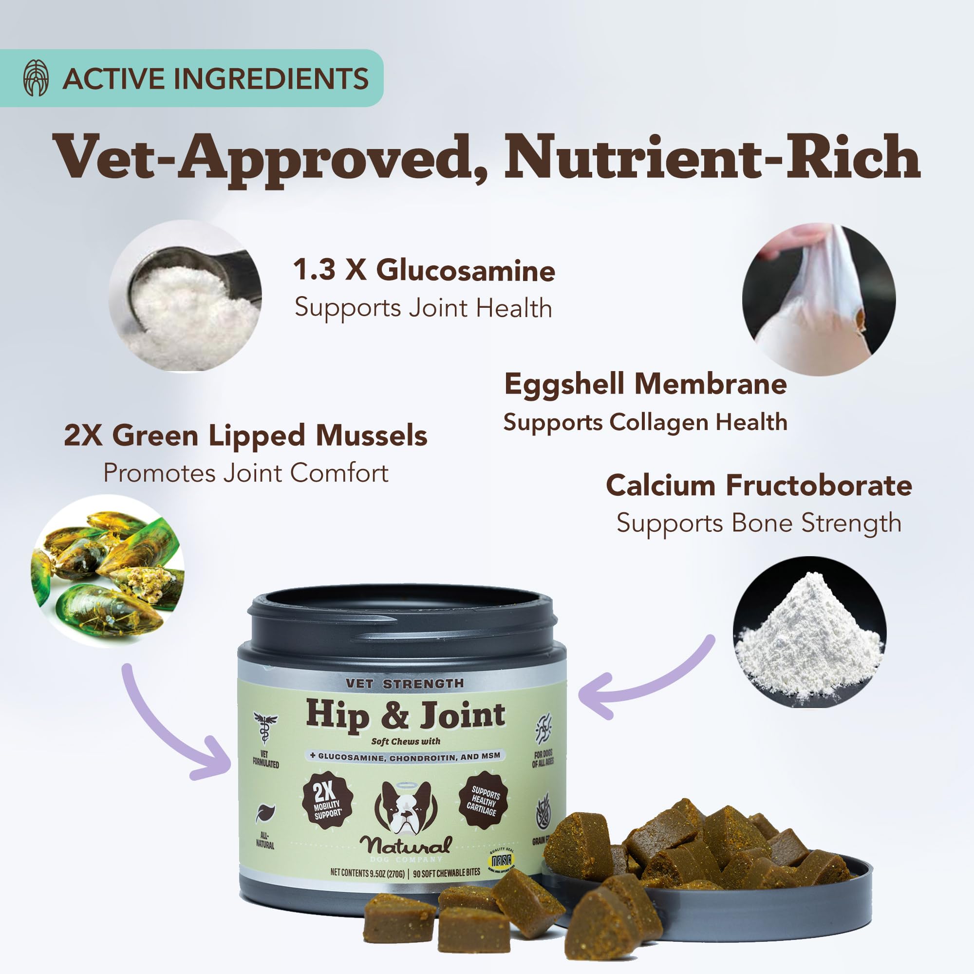 Natural Dog Company Vet Strength Hip & Joint Chews soft chews close-up showing easy daily supplementation