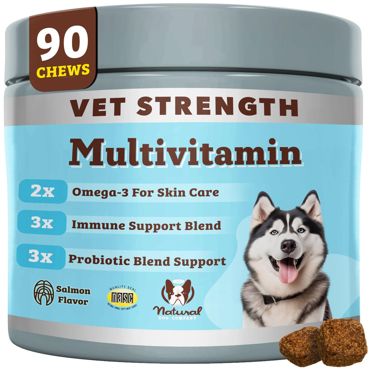Natural Dog Company Vet Strength bottle shows daily wellness multivitamin for dogs
