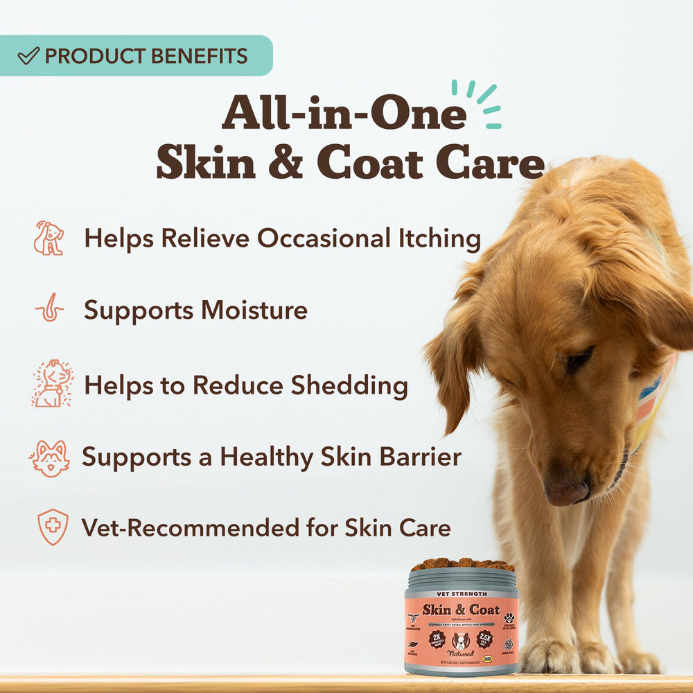 Natural Dog Company Vet Strength Omega Skin & Coat Chews close-up emphasizing moisture balance for dry skin