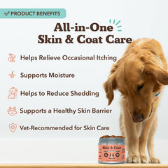 Natural Dog Company Vet Strength Omega Skin & Coat Chews close-up emphasizing moisture balance for dry skin
