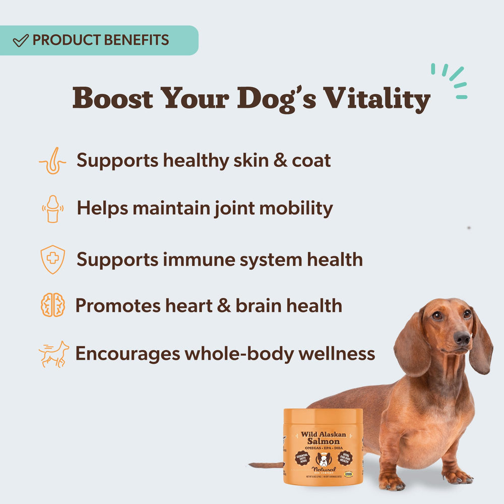 Natural Dog Company Wild Alaskan Salmon Chews bottle pour for easy daily omega-3 intake.