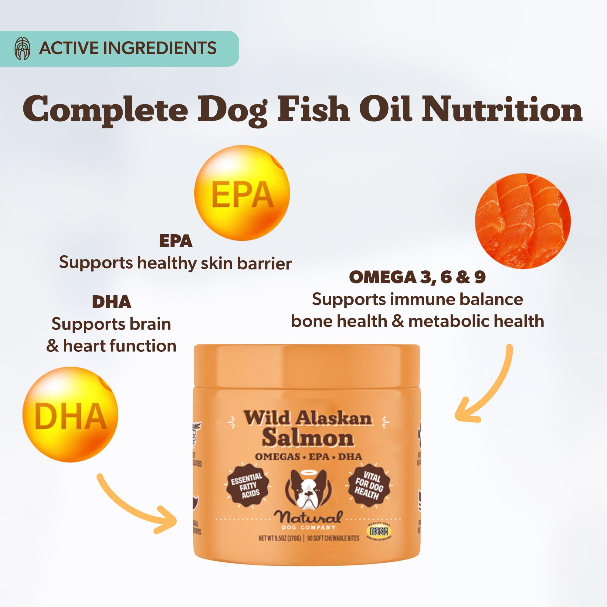 Close-up of Natural Dog Company Wild Alaskan Salmon Chews with fish-flavored soft chews.