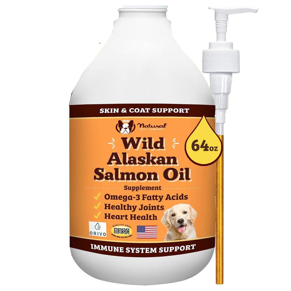 Natural Dog Company salmon oil bottle being poured onto dog food for topping