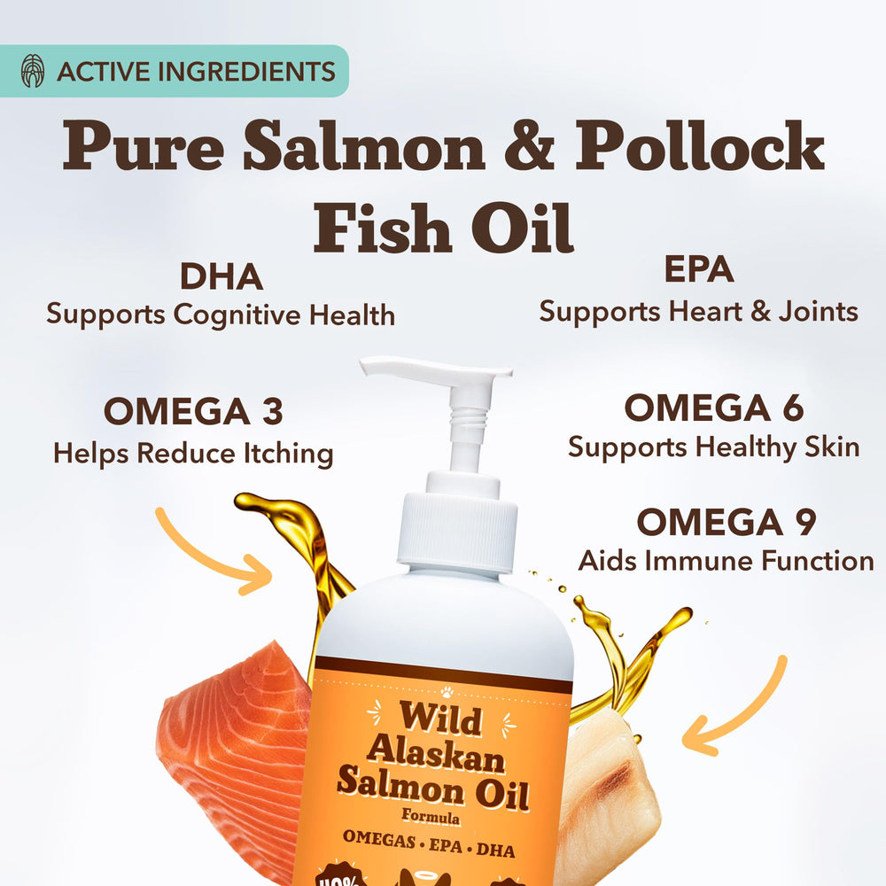 Natural Dog Company Wild Alaskan Salmon Oil pump dispense enables mess-free daily dosing for skin support.