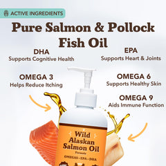 Natural Dog Company Wild Alaskan Salmon Oil pump dispense enables mess-free daily dosing for skin support.
