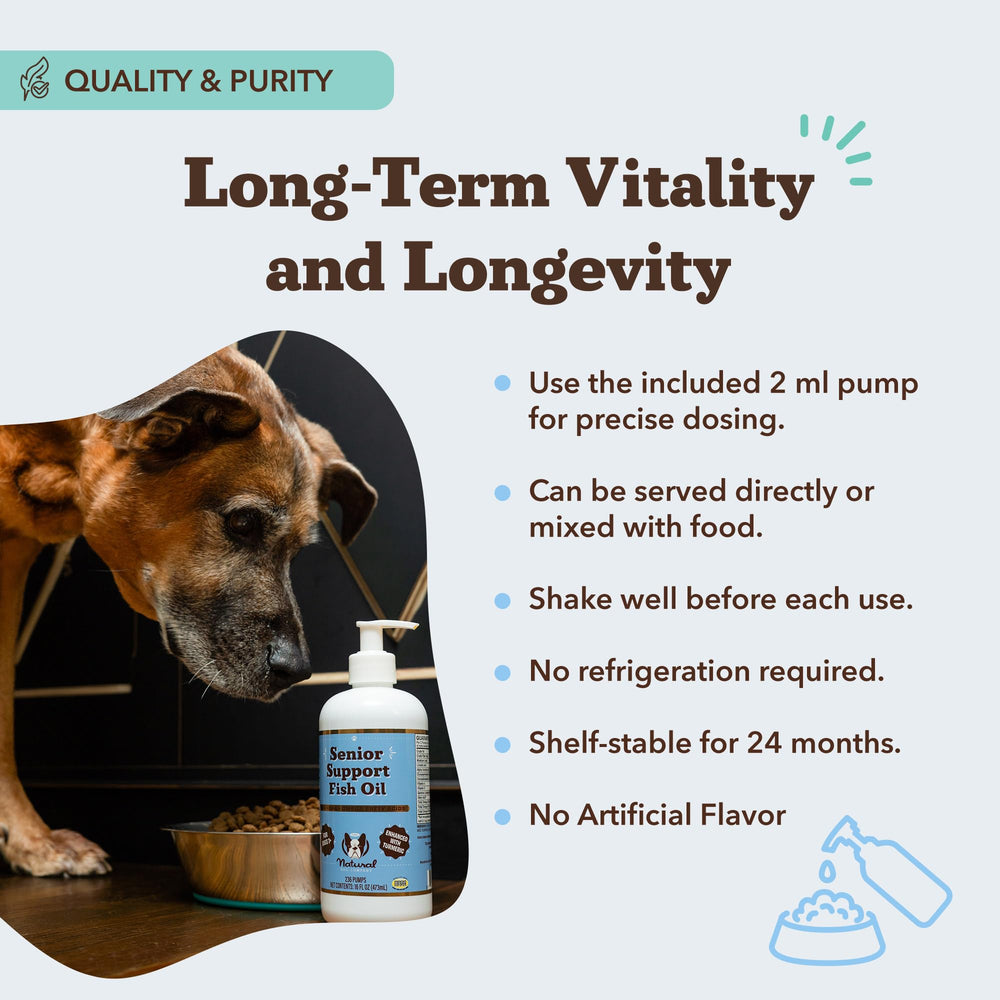 Natural Dog Company wild-caught-salmon-pollock-oil bottle supports heart and brain wellness in aging dogs.