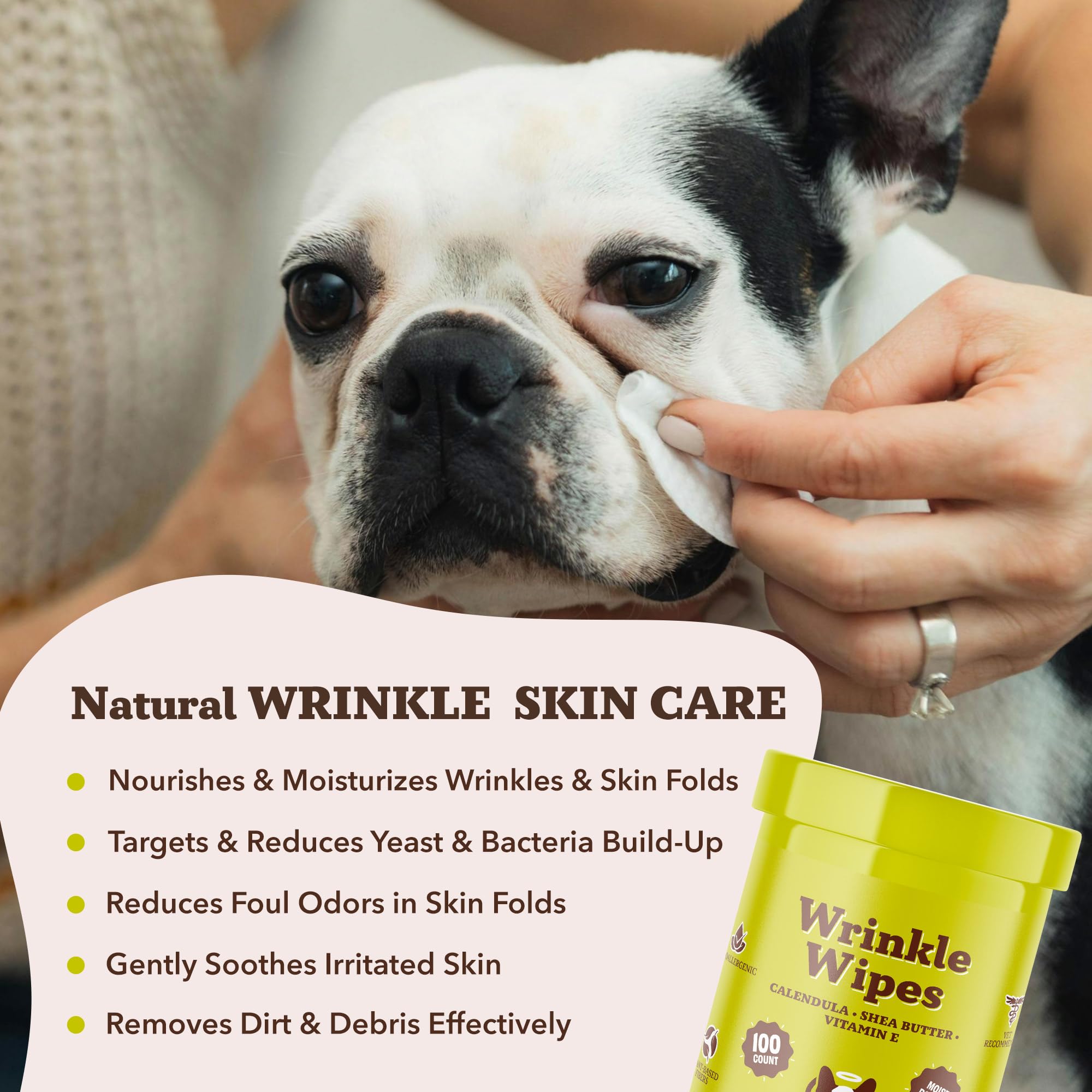 Natural Dog Company wrinkle wipes for butt area, keeps skin clean and comfortable.