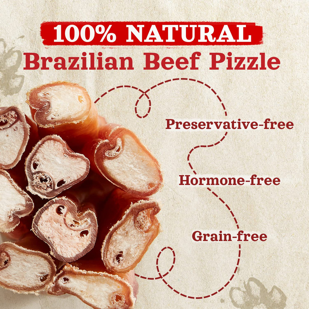 Natural Farm 100% Brazilian beef bully sticks from free-range cattle.