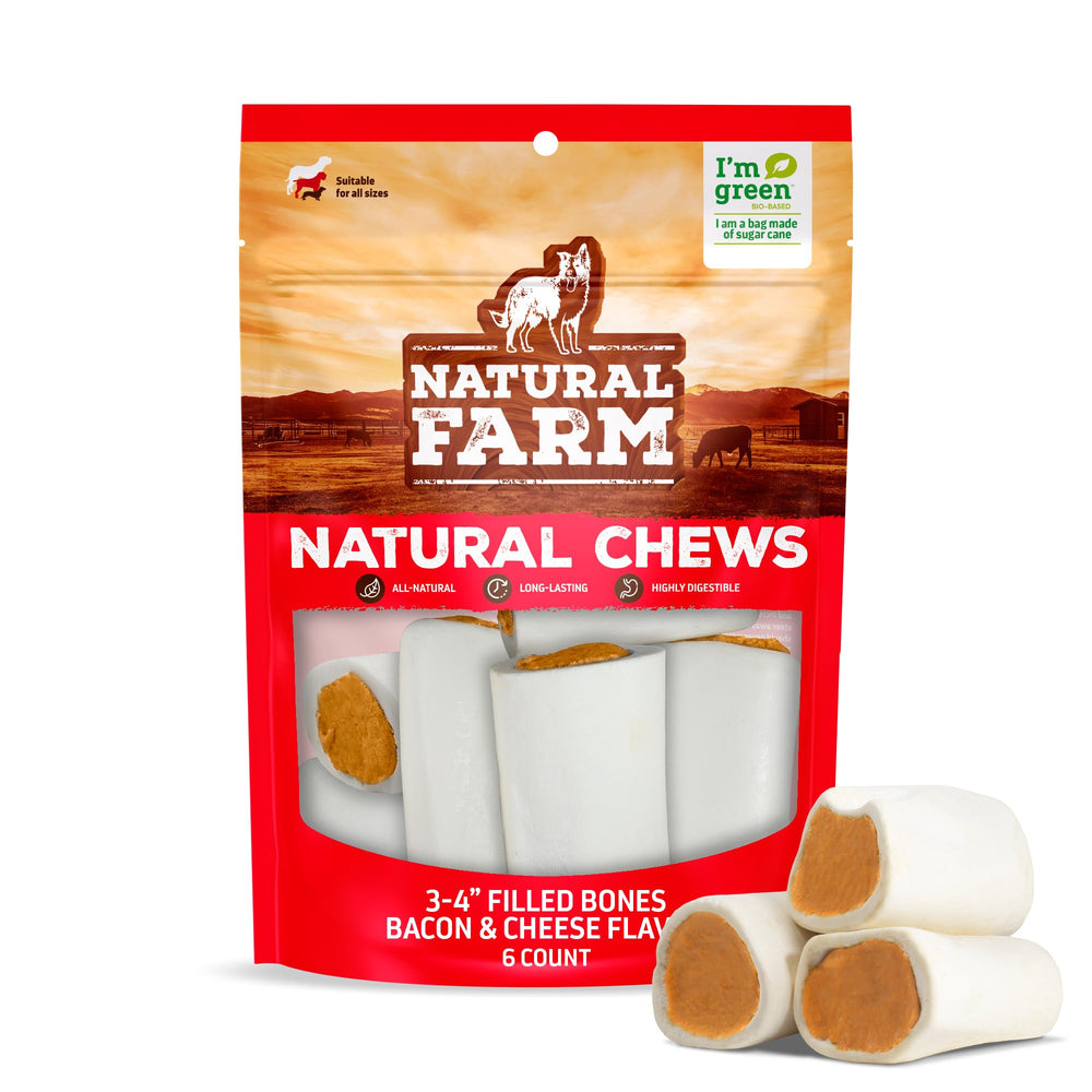 Natural Farm Bacon and Cheese Filled Bones pack for long-lasting canine chewing.