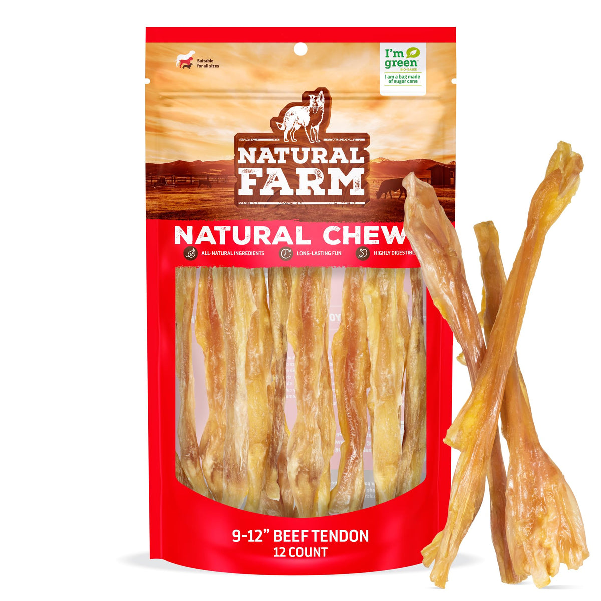 Natural Farm beef tendons 9-12 inch pack ready for large dogs.