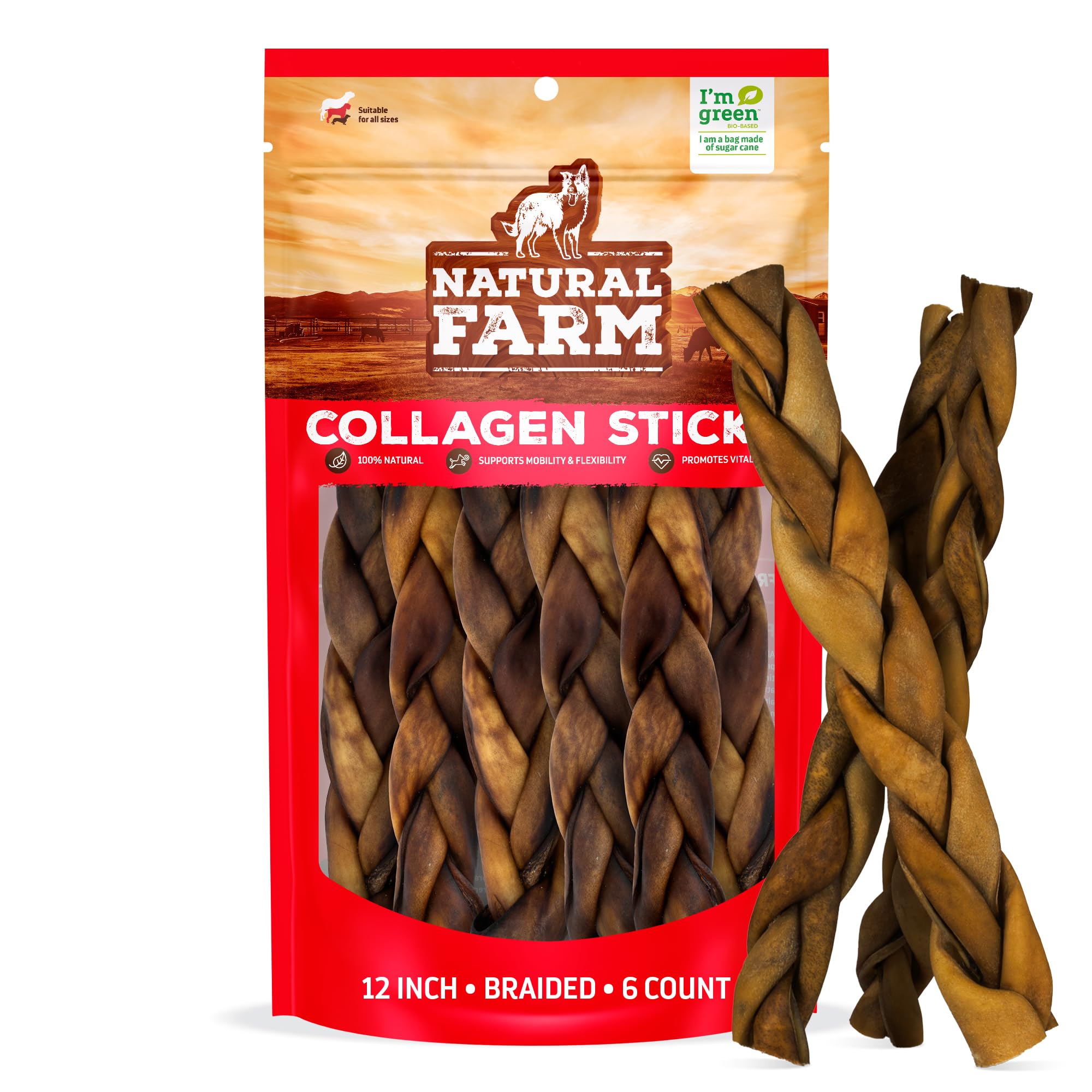 Natural Farm braided collagen chews dog packaging shows long-lasting, odor-free treats.