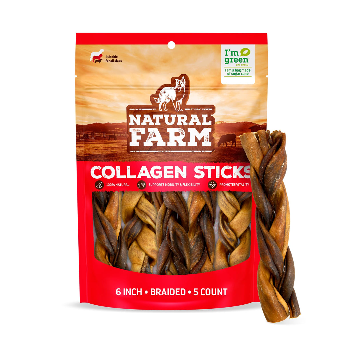 Natural Farm braided collagen chews for dogs in a 6-inch pack, offering long-lasting engagement.