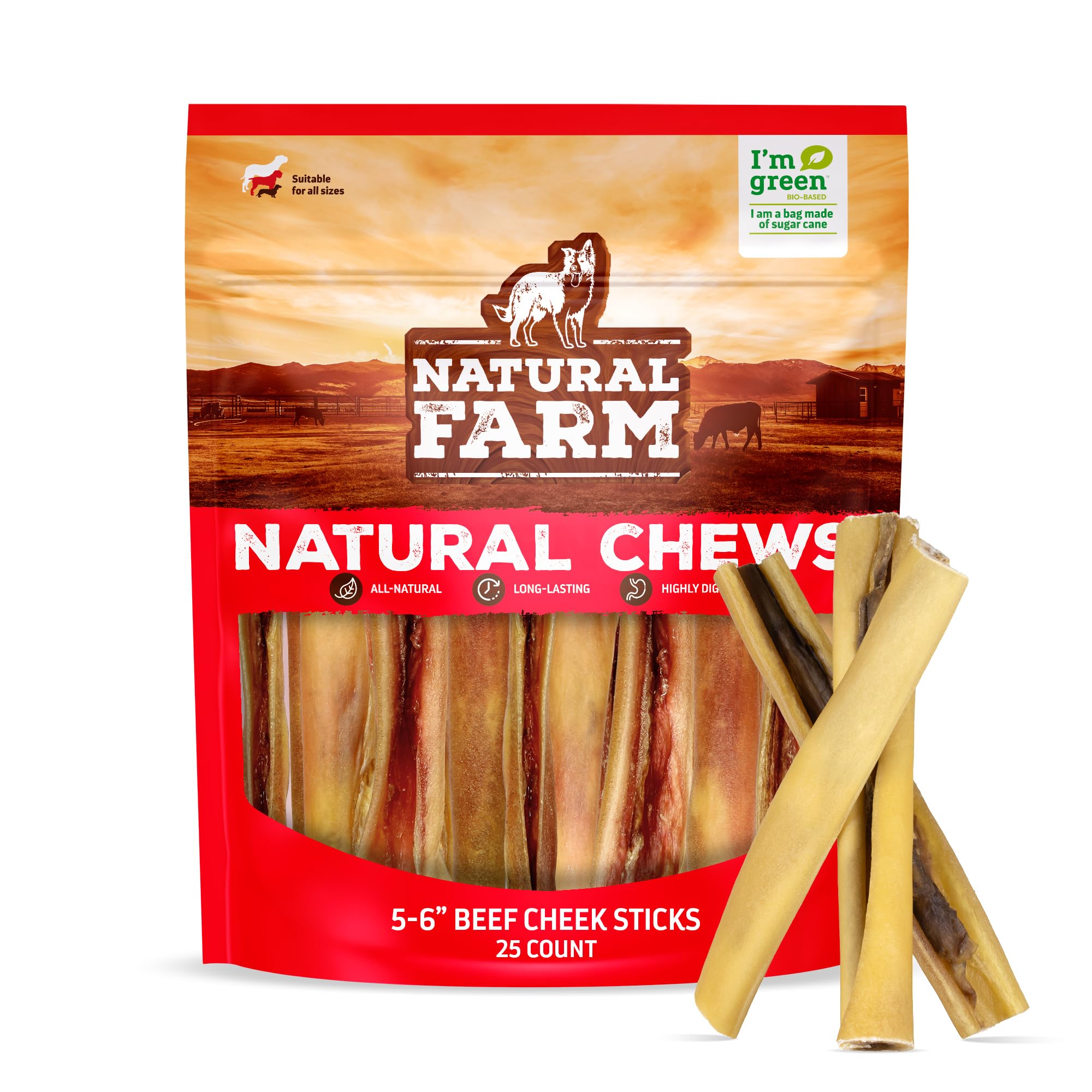 Natural Farm Bully Cheek Stick pack shows 25 sticks for dogs, ideal for long-lasting chewing.