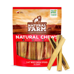 Natural Farm Bully Cheek Stick pack shows 25 sticks for dogs, ideal for long-lasting chewing.