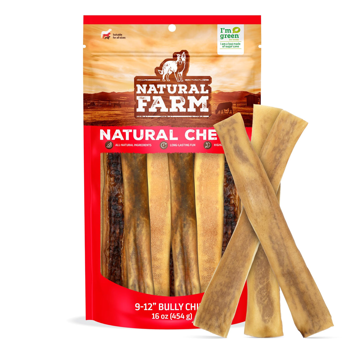 Natural Farm Bully Chips 16oz packaging highlighting premium beef cheek for dogs.