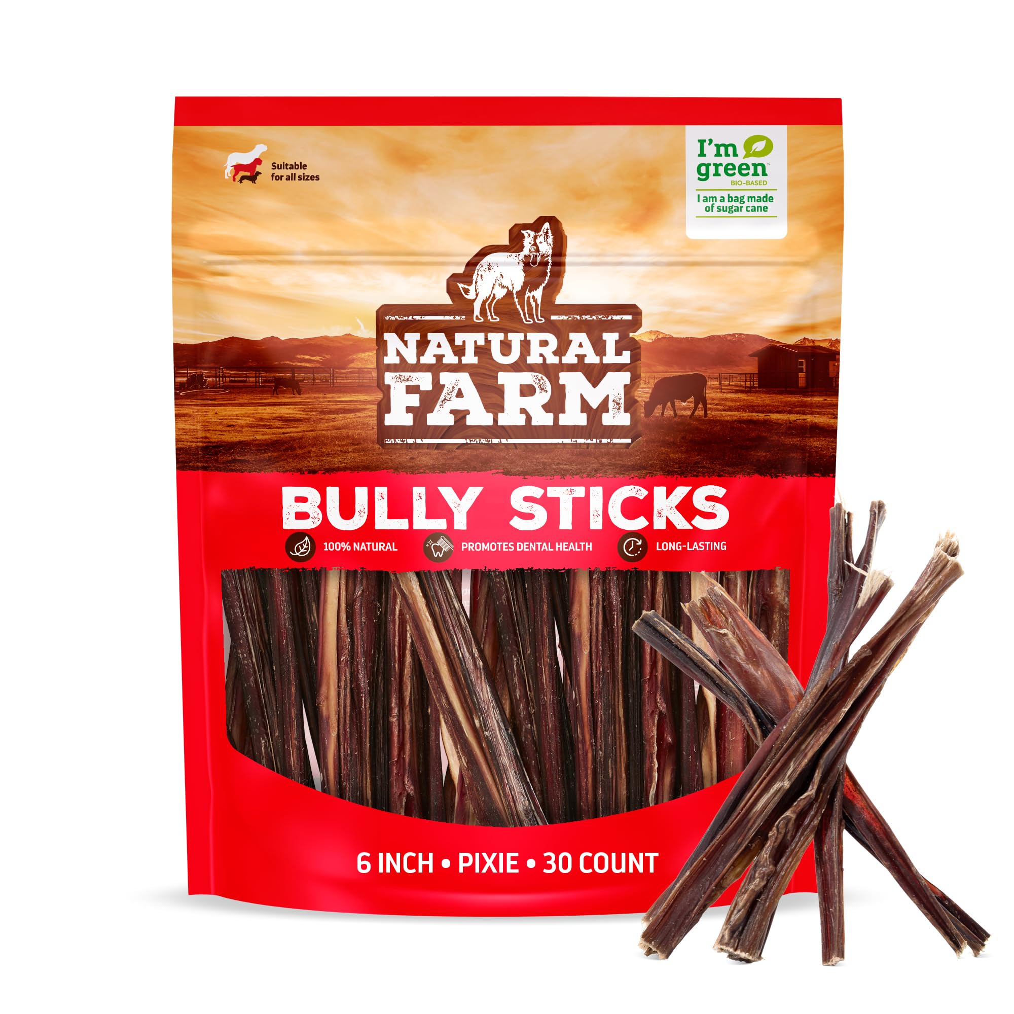 Natural Farm Bully Sticks 6-inch pack photo, a grain-free, high-protein chew.