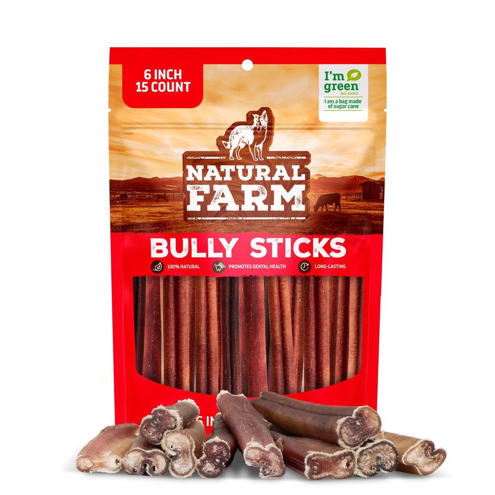 Natural Farm Bully Sticks 6-inch pack for dogs, supports dental care and chews