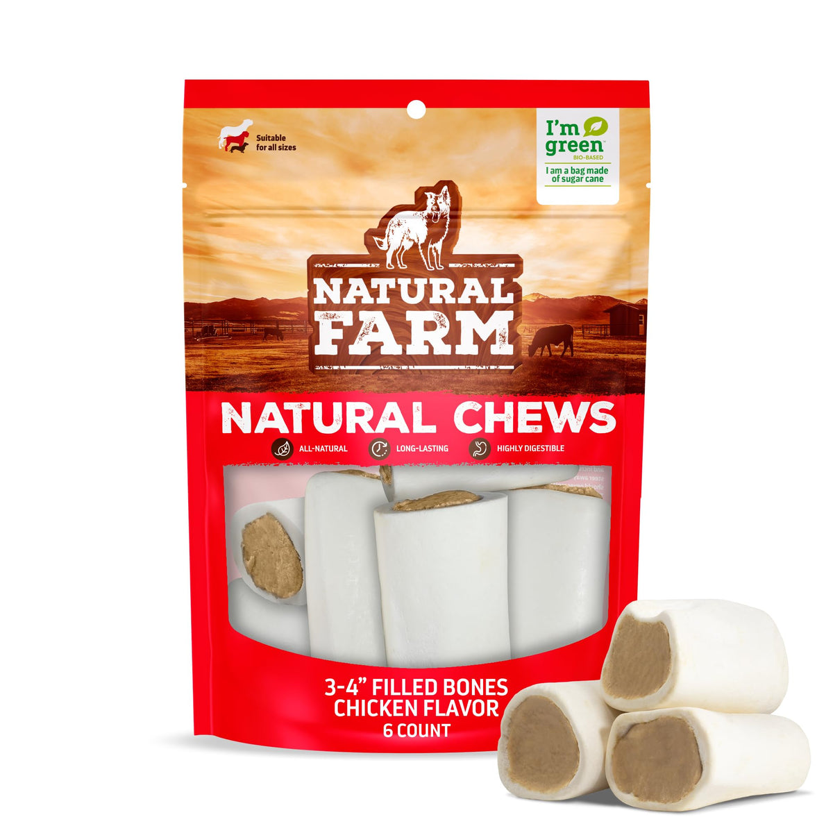 Natural Farm chicken-filled bones 3-4 inch pack for extended chewing.
