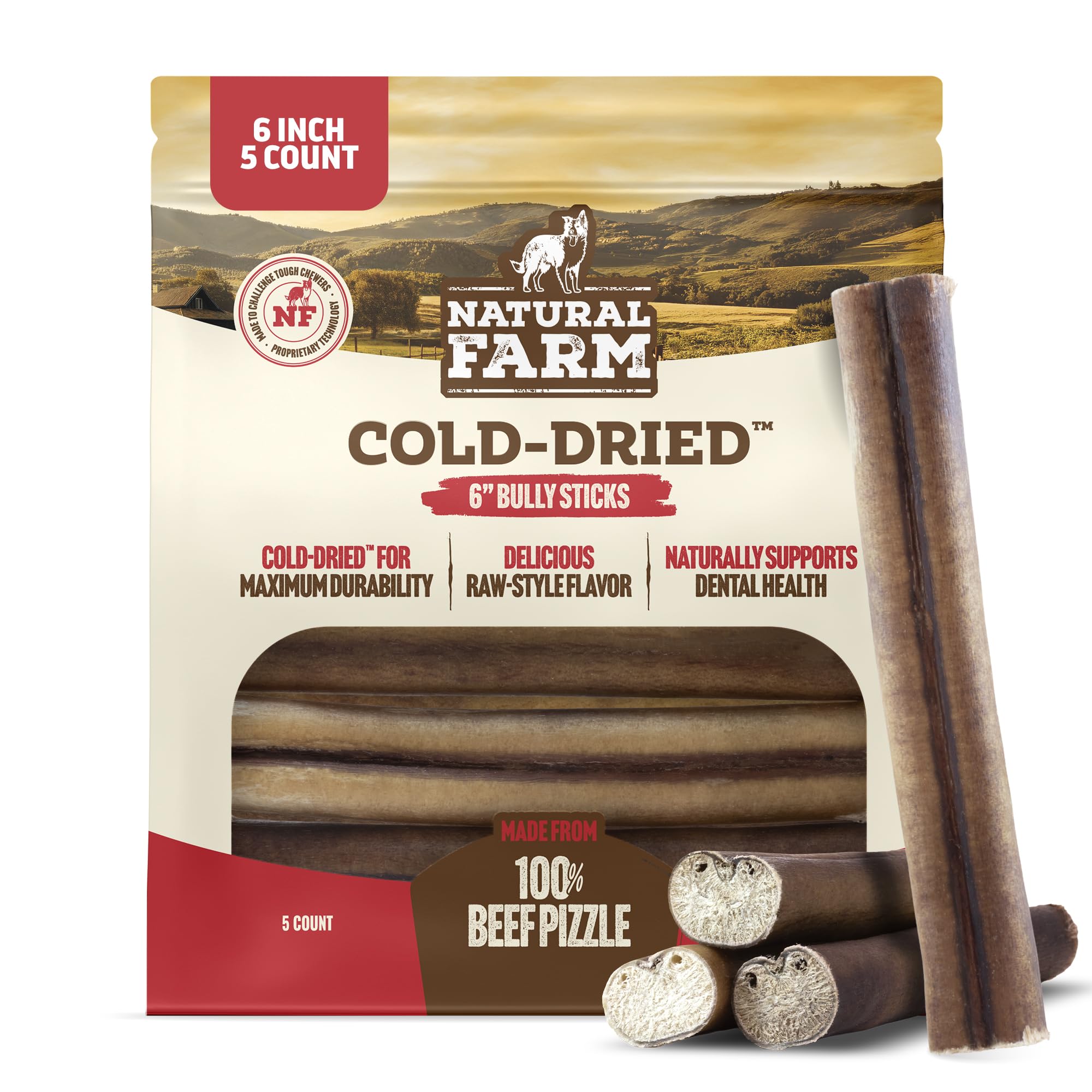 Natural Farm cold-dried bully stick 6-inch packshot, promotes long-lasting chewing.