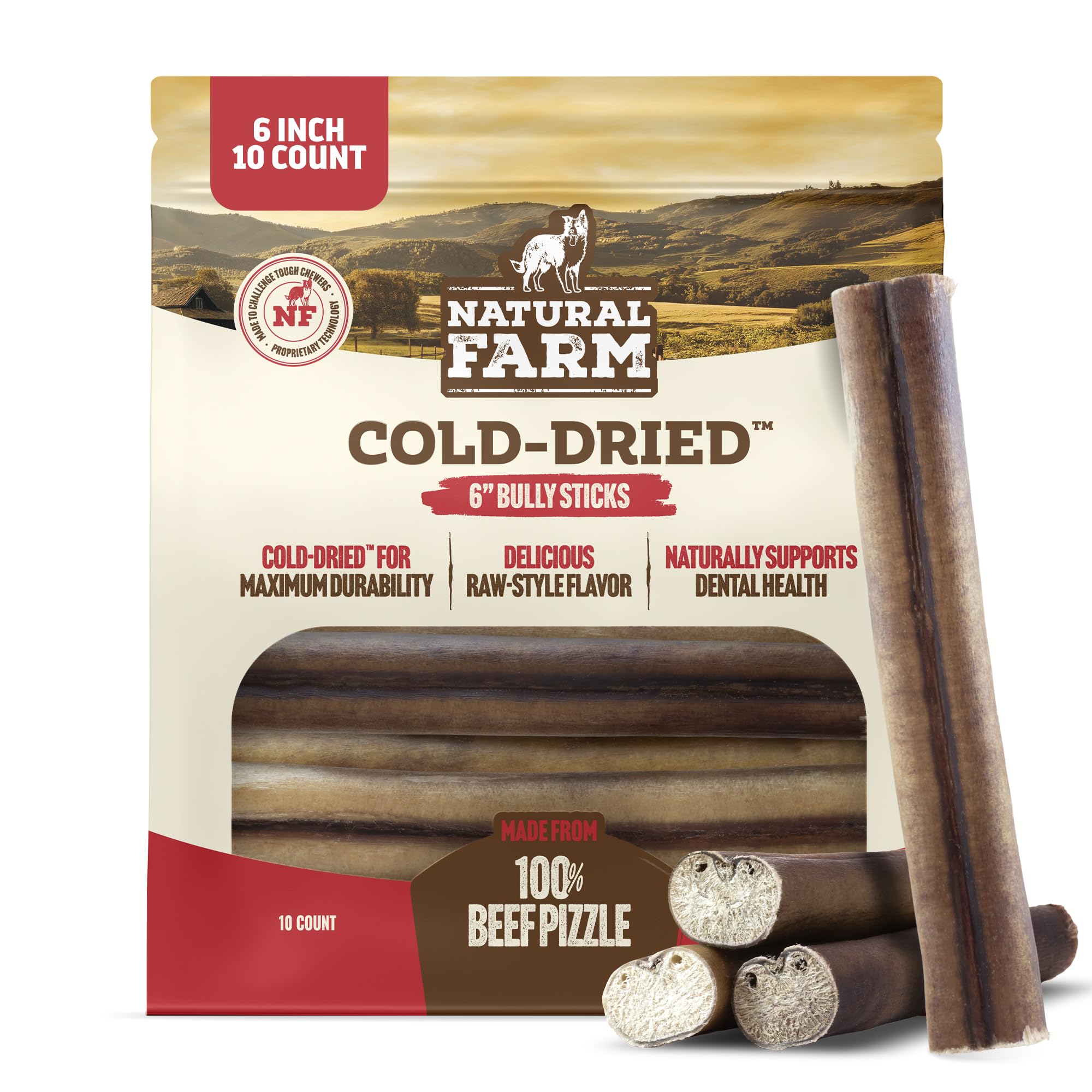 Natural Farm six-inch bully stick close-up shows dense texture for lasting chew