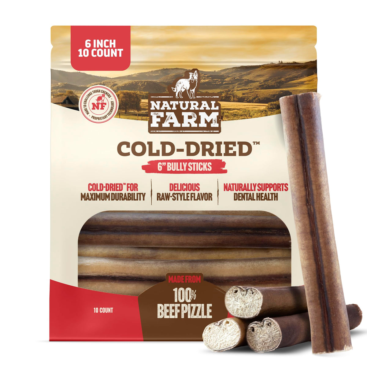 Natural Farm six-inch bully stick close-up shows dense texture for lasting chew