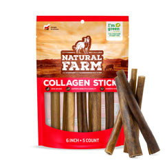 Natural Farm Collagen Sticks 6-Inch pack front highlights odor-free beef skin chews for dogs