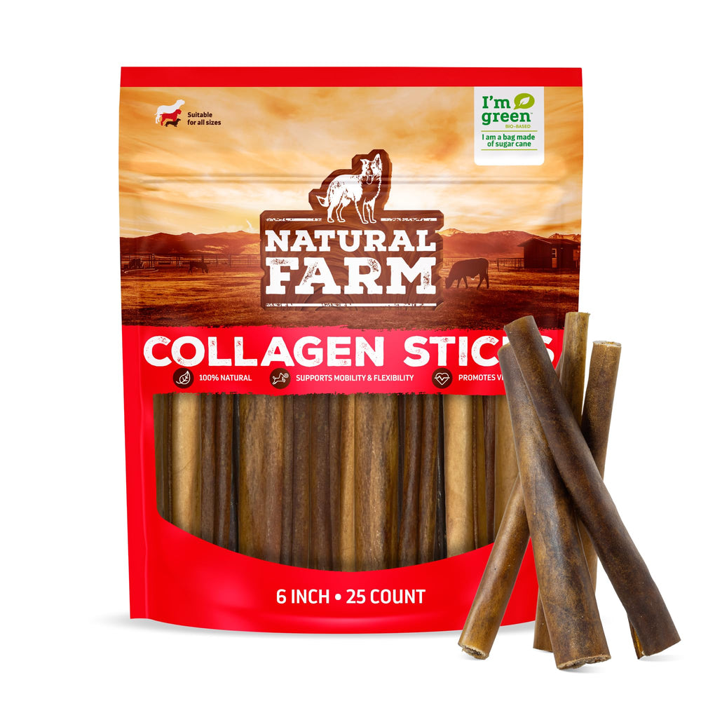 Natural Farm Collagen Sticks pack 6-inch 25-count for dogs, convenient dental chew.
