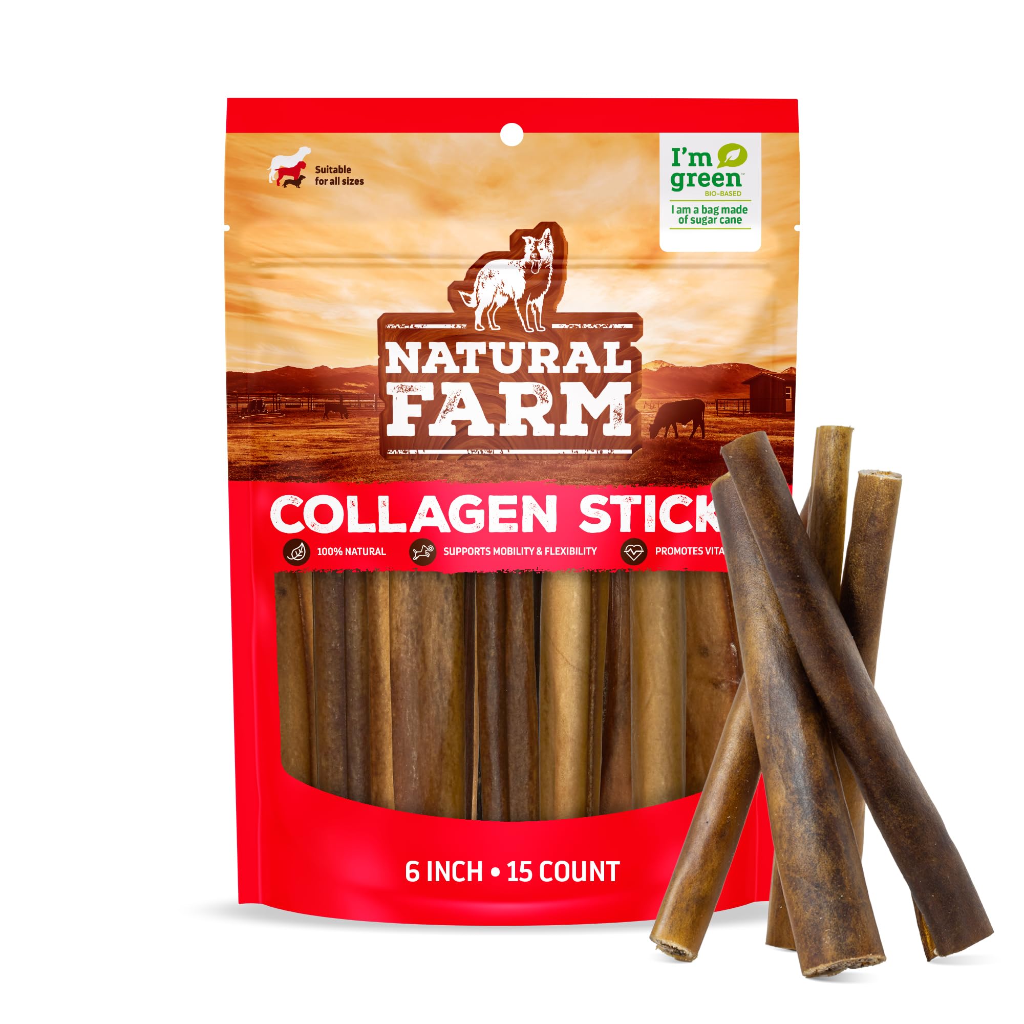 Natural Farm Collagen Sticks package front, odor-free dog chews for small and medium dogs.