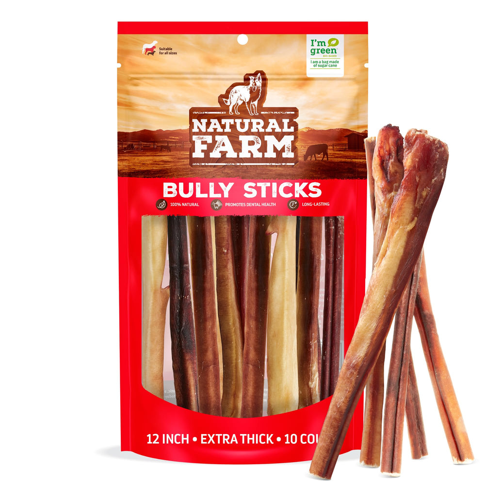 Natural Farm extra-thick beef bully sticks, 12-inch, ideal for extended chewing and dental-friendly play