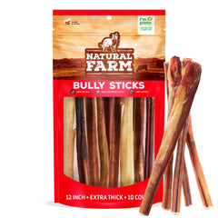 Natural Farm extra-thick beef bully sticks, 12-inch, ideal for extended chewing and dental-friendly play