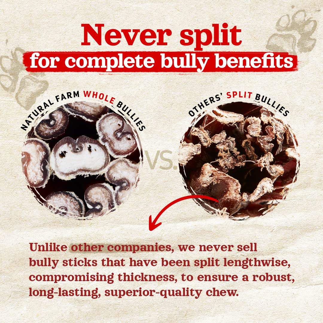 Natural Farm extra-thick bully sticks 6 inches provide durable chews and jaw exercise.