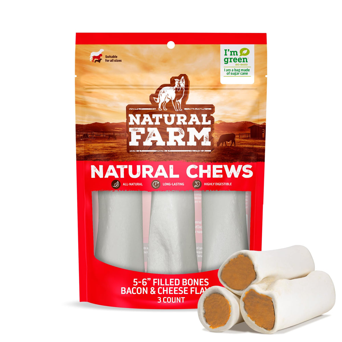 Natural Farm filled dog bones with bacon-cheese center for long-lasting chew and training rewards.