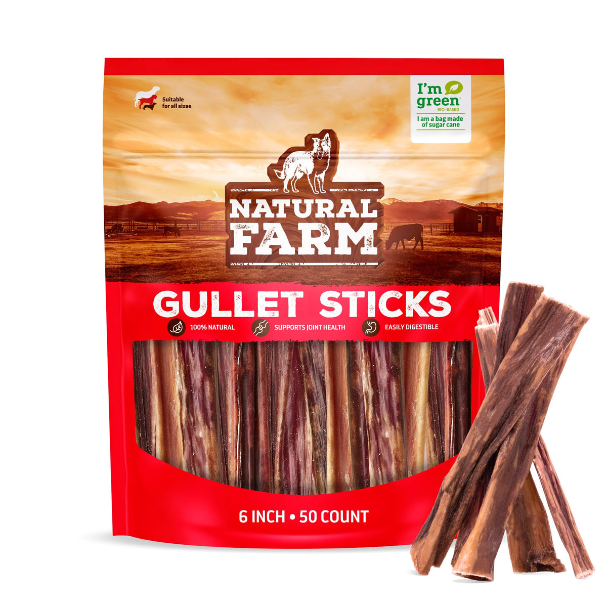 Natural Farm Gullet Sticks 6in 50pack: durable chew for dogs' playtime and mouth engagement.