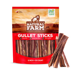 Natural Farm Gullet Sticks 6in 50pack: durable chew for dogs' playtime and mouth engagement.