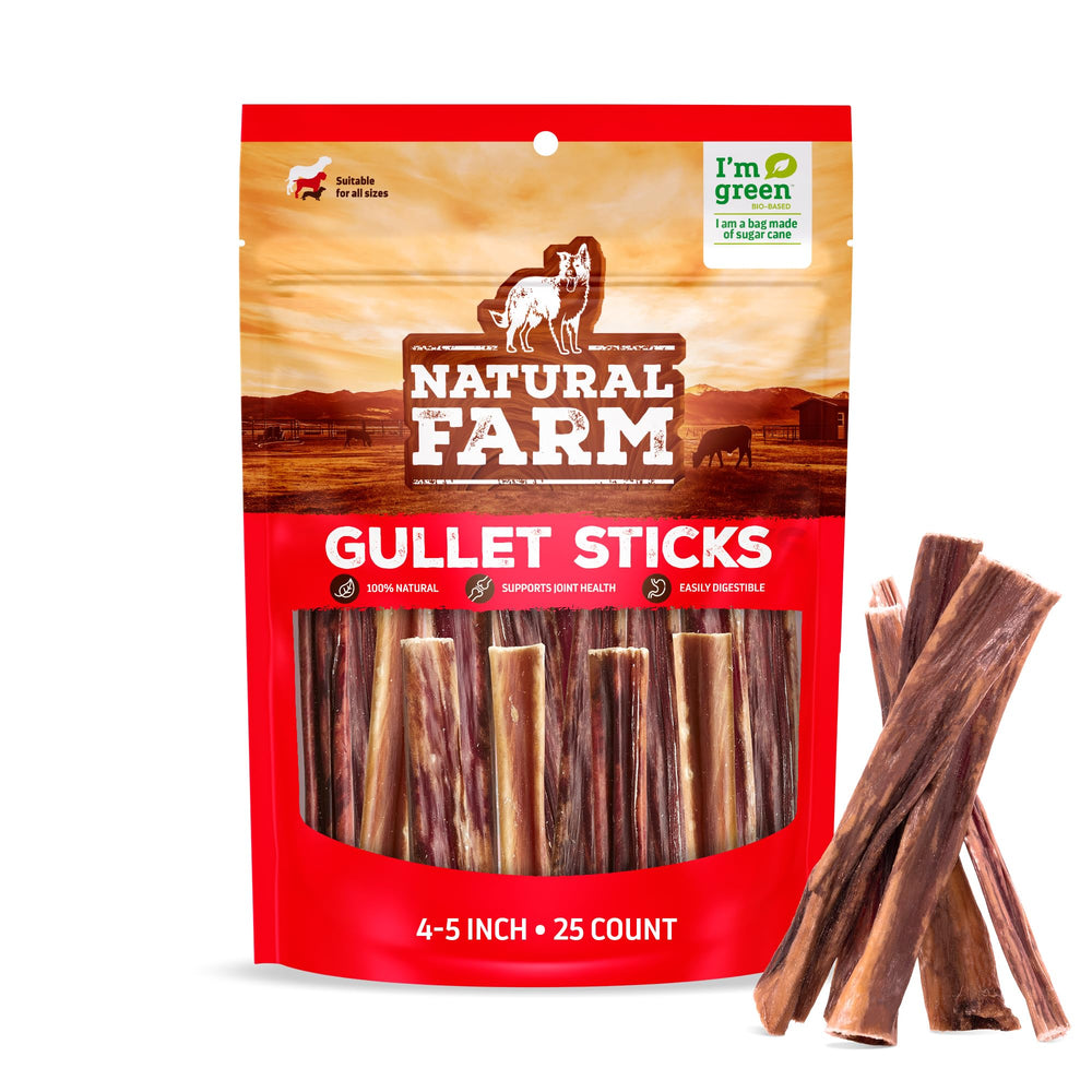 Natural Farm Gullet Sticks 25-pack box front with eco-friendly packaging.