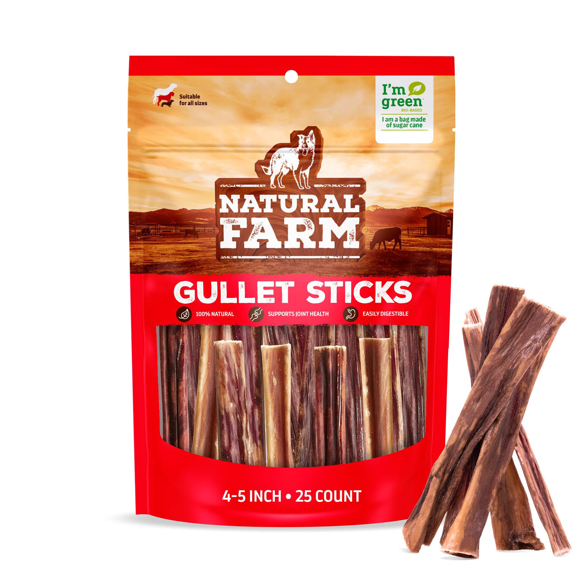 Natural Farm Gullet Sticks 25-pack box front with eco-friendly packaging.
