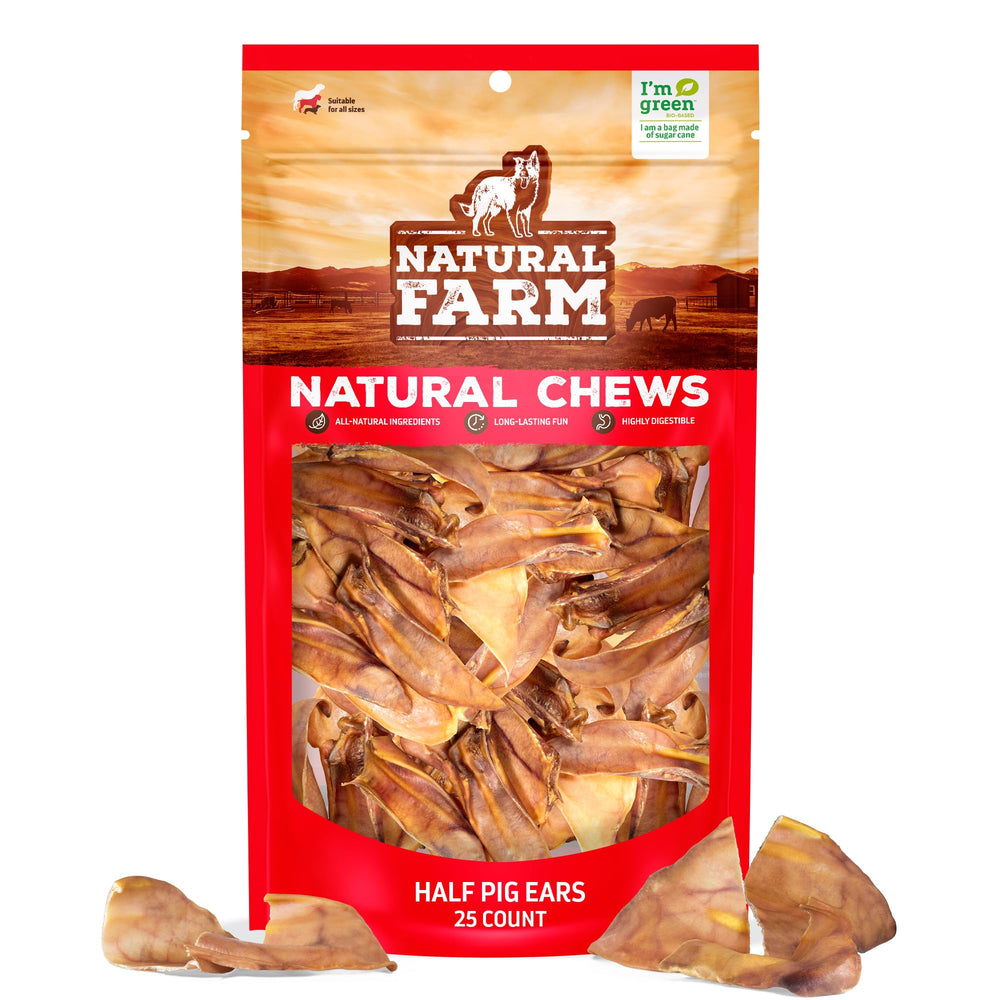 Natural Farm Half Pig Ears packaging shown for a natural, long-lasting dog chew.