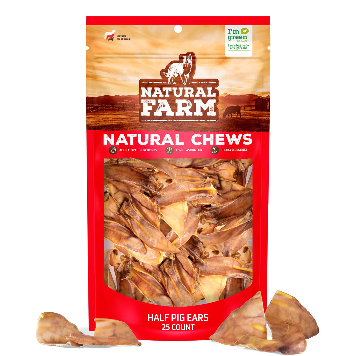 Natural Farm Half Pig Ears packaging shown for a natural, long-lasting dog chew.