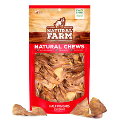Natural Farm Half Pig Ears packaging shown for a natural, long-lasting dog chew.