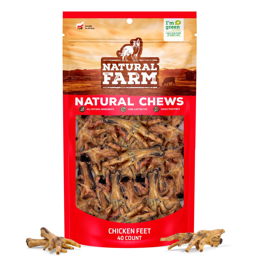 Natural Farm Nail-Free Chicken Feet pack on shelf, training rewards, mess-free chews