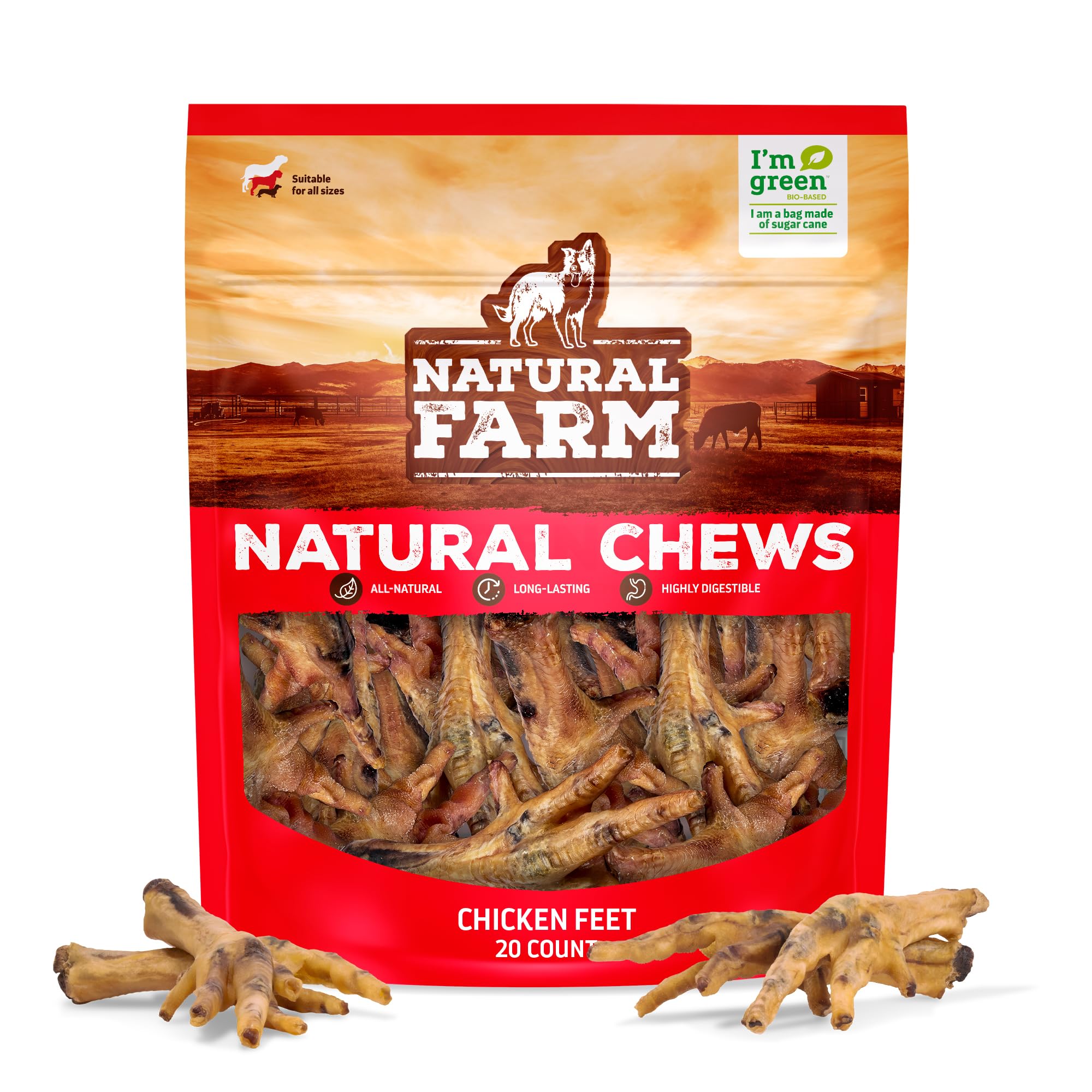 Natural Farm Nail-Free Chicken Feet treats on display for dog rewards, clean chewing.