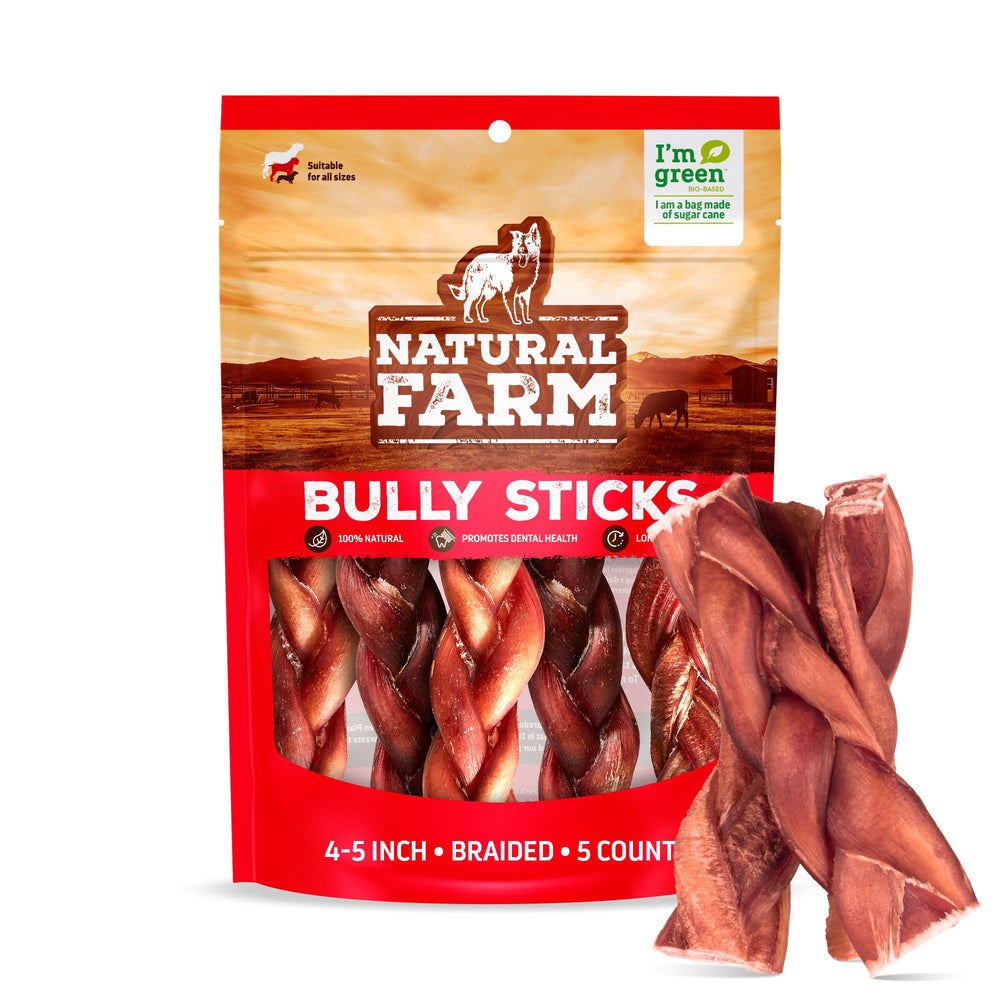 Natural Farm Odor-Free Braided Bully Sticks 4-5 inch pack for dogs; long-lasting chew.