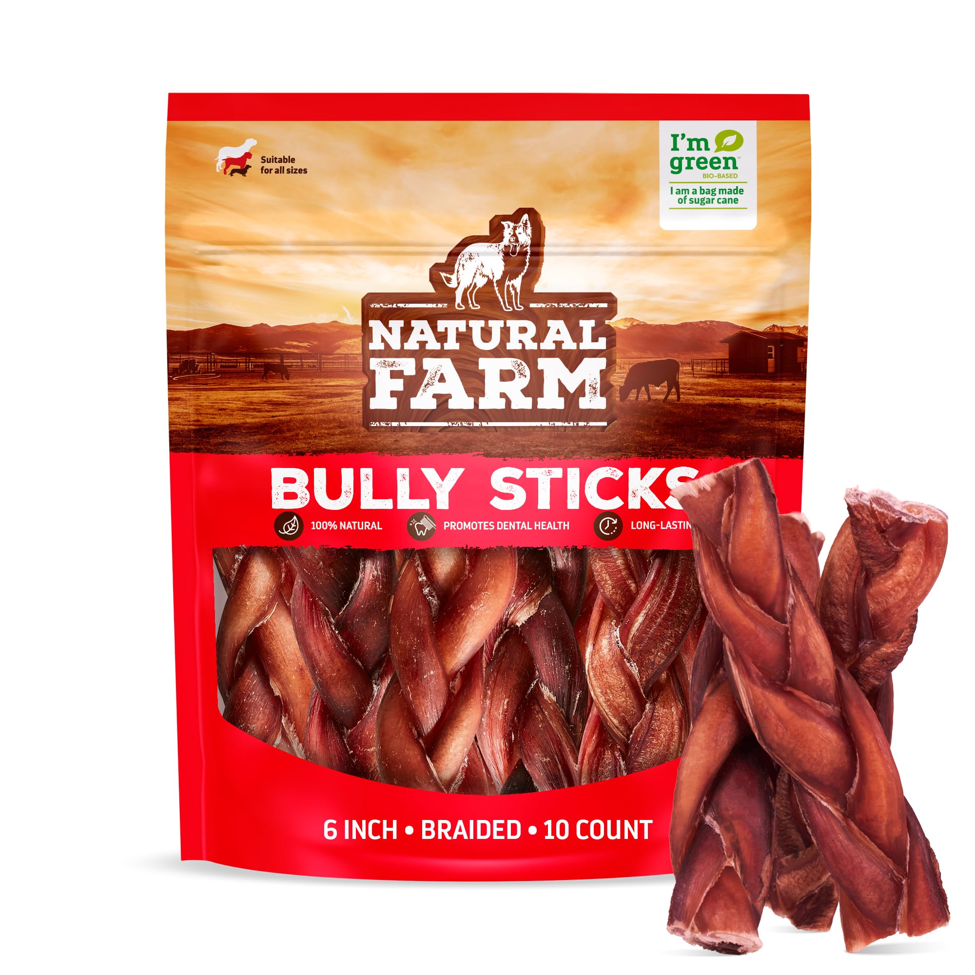 Natural Farm Odor-Free Braided Bully Sticks 6-inch pack for durable chewing and dental support.