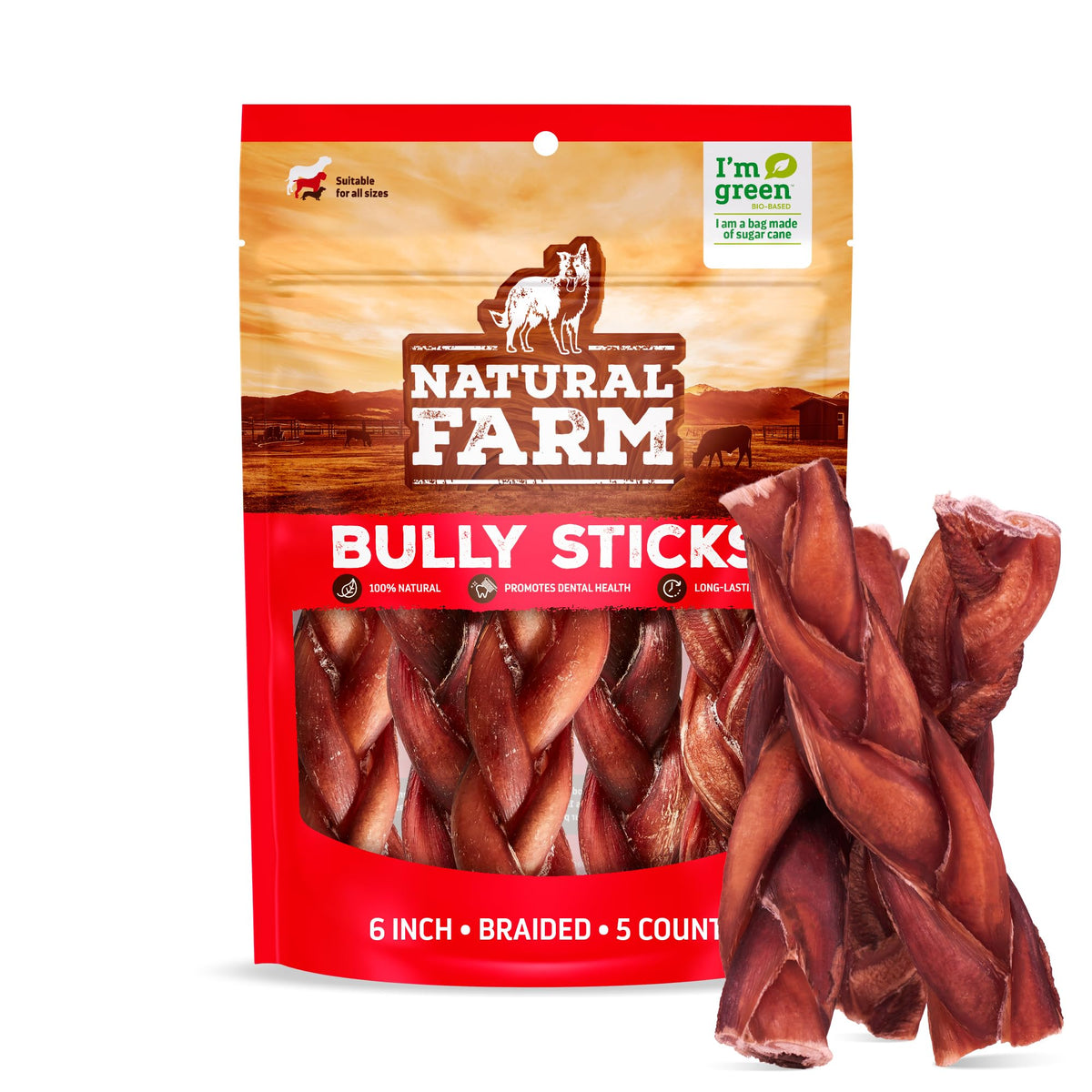 Natural Farm Odor-Free Braided Bully Sticks 6-inch 5-pack for long-lasting chew and dental stimulation