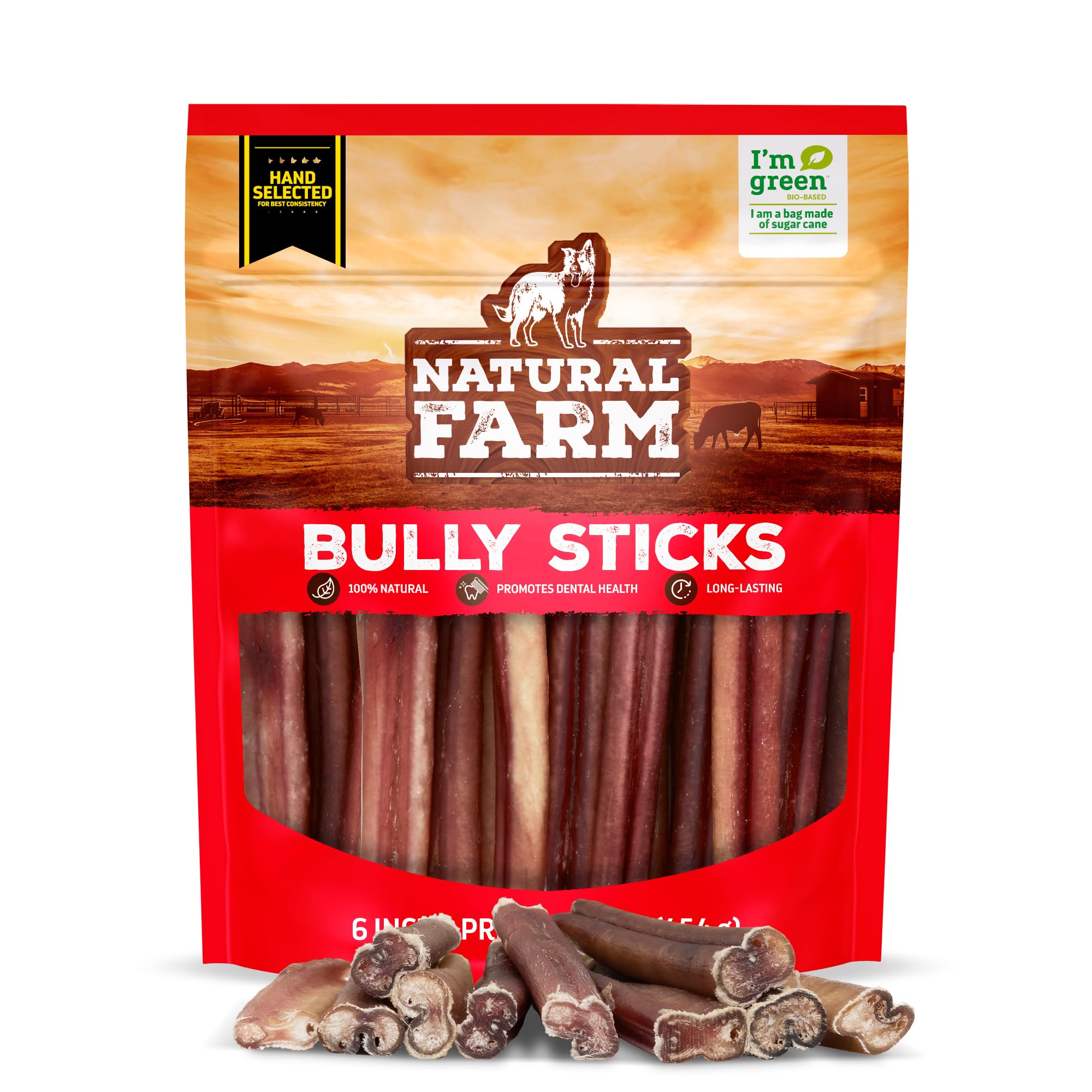 Natural Farm odor-free bully stick 6in for dental-friendly chewing.