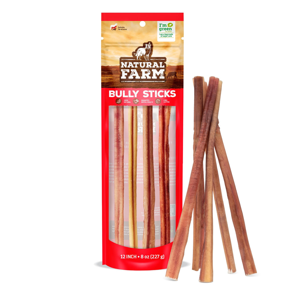 Natural Farm odor-free bully sticks for long-lasting chewing in large dogs.